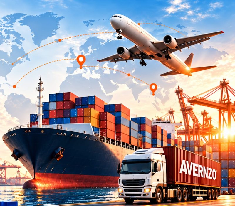 A container ship, an aircraft and an AVERNZO container truck at a port, over a world map with route lines
