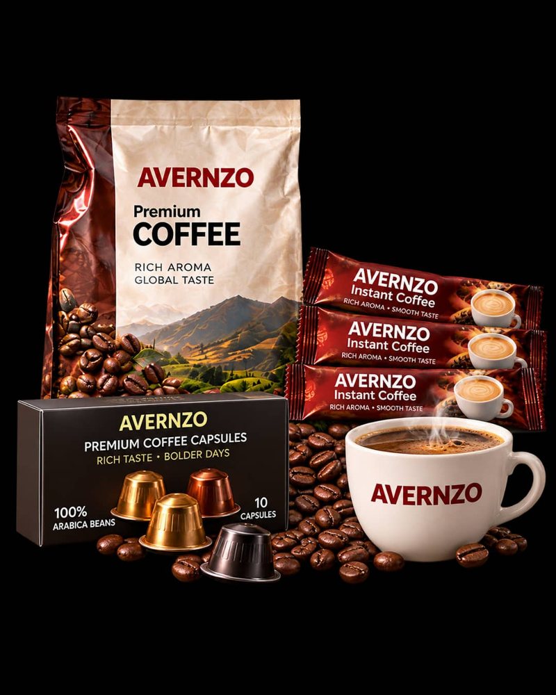 AVERNZO Premium Coffee bag, instant coffee sachets, a box of coffee capsules and a cup of coffee
