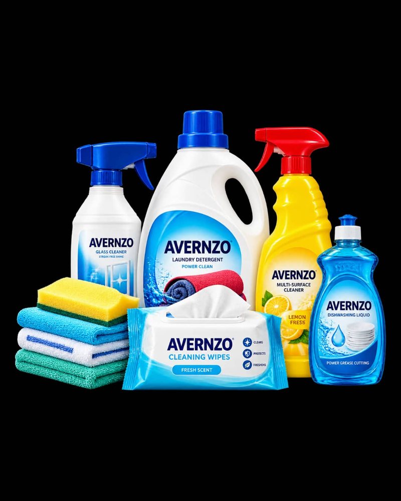 AVERNZO laundry detergent, glass cleaner, multi-surface cleaner, dishwashing liquid and cleaning wipes