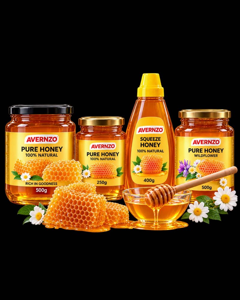 AVERNZO Pure Honey jars and a squeeze bottle with honeycomb