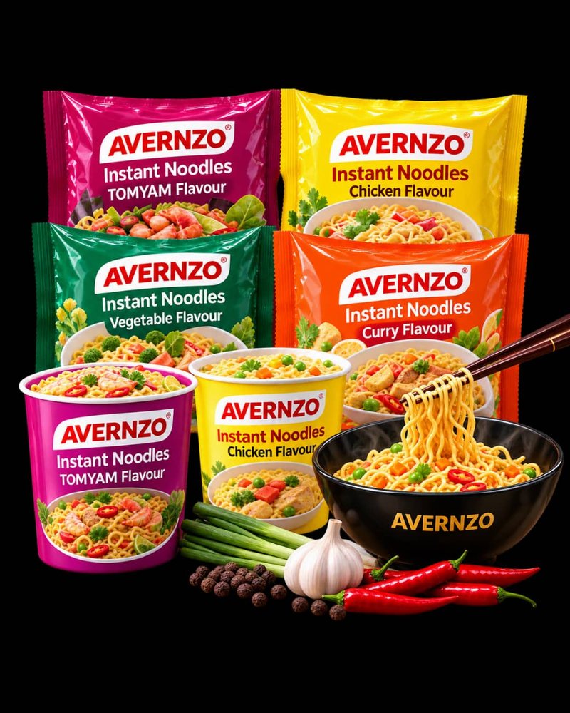 AVERNZO Instant Noodles packets and cups in Tomyam, Chicken, Vegetable and Curry flavours, with a bowl of noodles