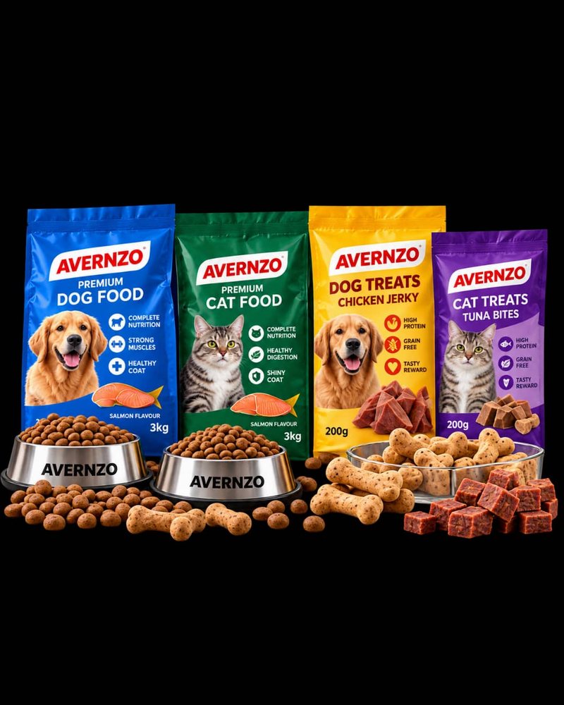 AVERNZO Premium Dog Food, Premium Cat Food, Dog Treats and Cat Treats bags with filled bowls