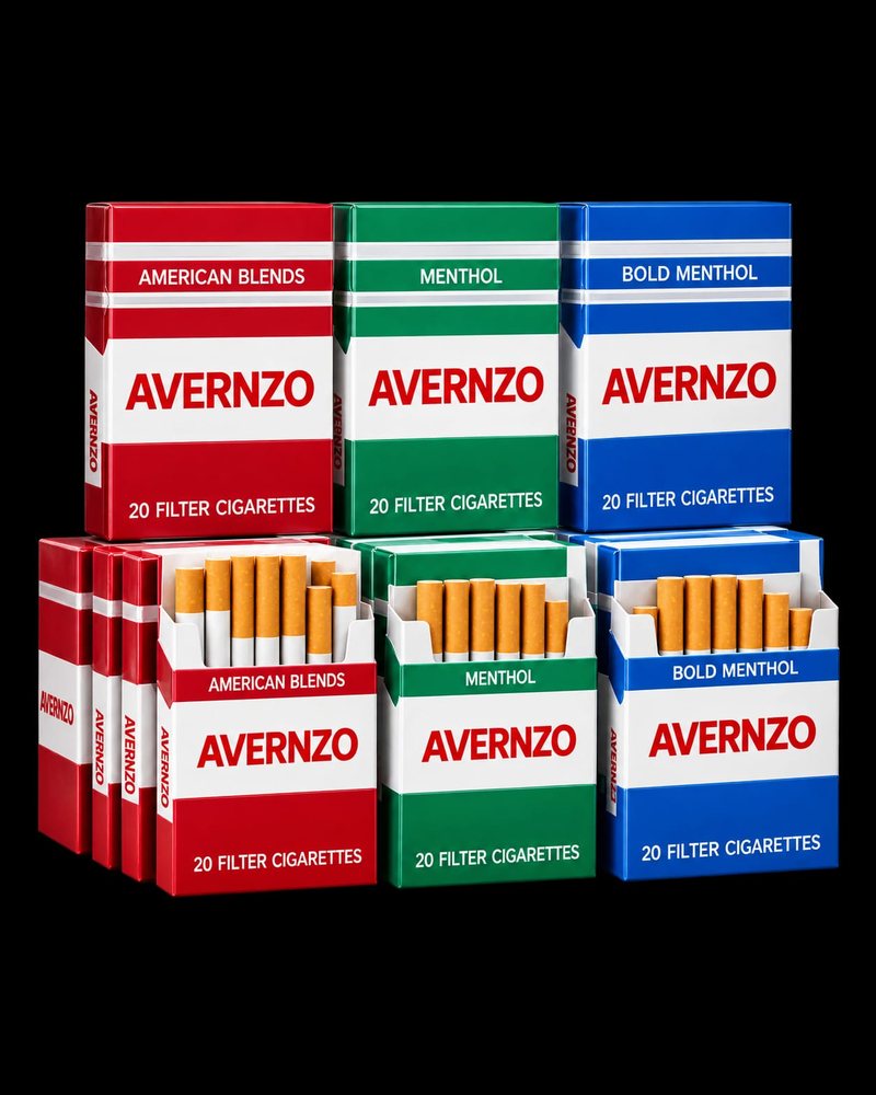 AVERNZO cigarette packs in American Blends red, Menthol green and Bold Menthol blue